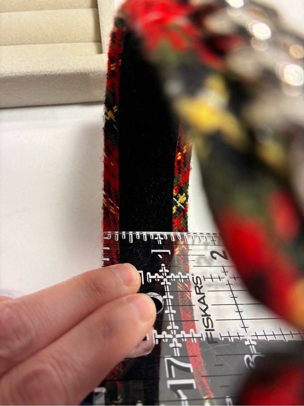 Red Plaid Wide Headband w/ Chunky Silver Chain Detail, Black Velvet Lining - Picture 7 of 7